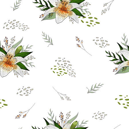 Isolated on white elements and lily bouquets seamless pattern vector. For bed linen or light textile designのイラスト素材