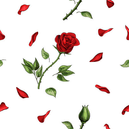Red rose flower and soft petals elements seamless patternのイラスト素材