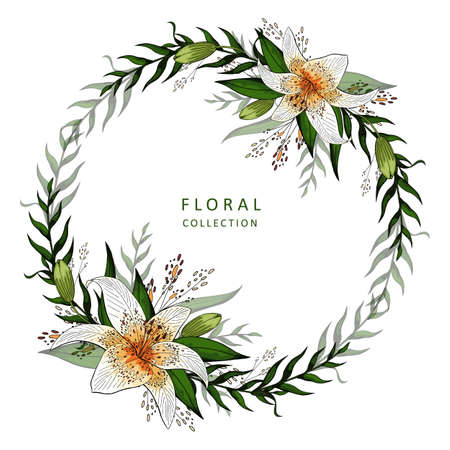 Valentines day postcard Wedding invitation card wreath with lily flowersの写真素材