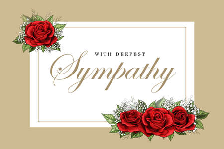 Condolences sympathy card floral red roses bouquet and letteringのイラスト素材