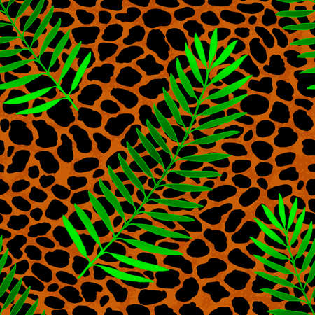 Tropical palm leaves jungle on leopard fur seamless vector pattern backgroundの写真素材