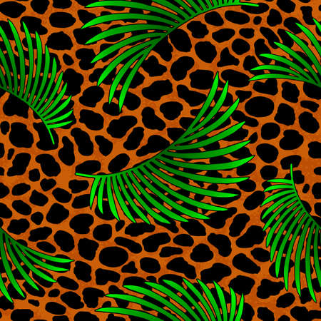Tropical palm leaves jungle on leopard fur seamless vector pattern backgroundの写真素材