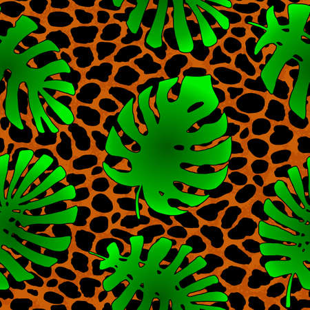 Tropical palm leaves jungle on leopard fur seamless vector pattern backgroundの写真素材
