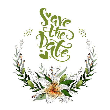 Save the date postcard wreath with lily flowers and lettering vector templateのイラスト素材