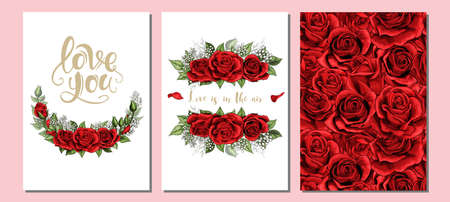 Floral valentines day, wedding invite, invtation three cards set design. Scarlet blush red rose flowers and green leaves with golden lettering templatesのイラスト素材