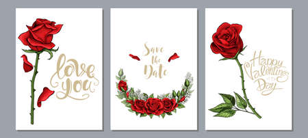 Wedding floral invite, invtation card design. Scarlet red rose flowers setの写真素材