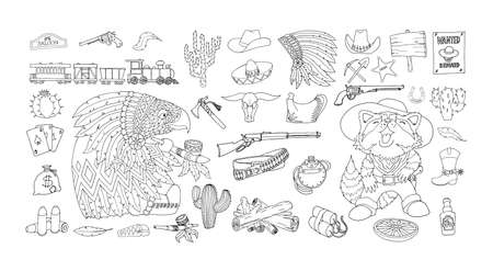Wild West elements icons set. Ink and pen drawing. Attributes American Frontierの写真素材