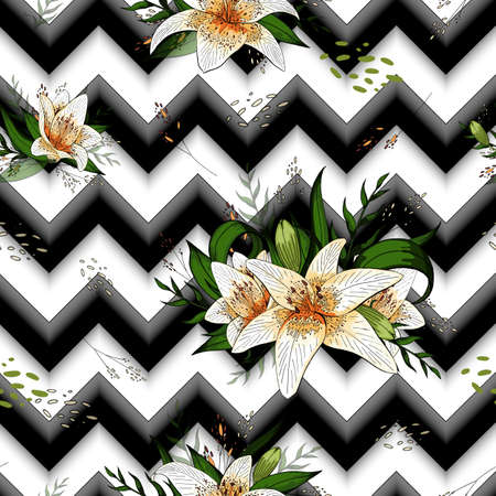 Seamless pattern with image tiger lily flowers on a geometric backgroundの写真素材