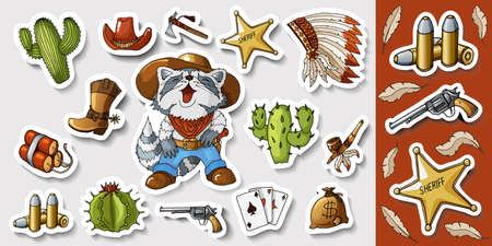 Western wild west art stickers set. Gun, bullets, cactuses and many other itemsの写真素材