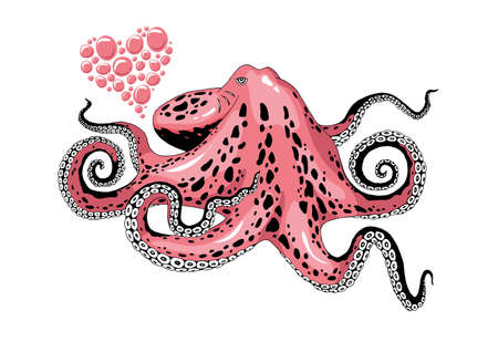 Cartoon pink octopus love with heart bubbles isolated on white background. Inhabitants of the salt seas, marines and oceans. Cute Valentines day colored clip-art vector illustration.のイラスト素材