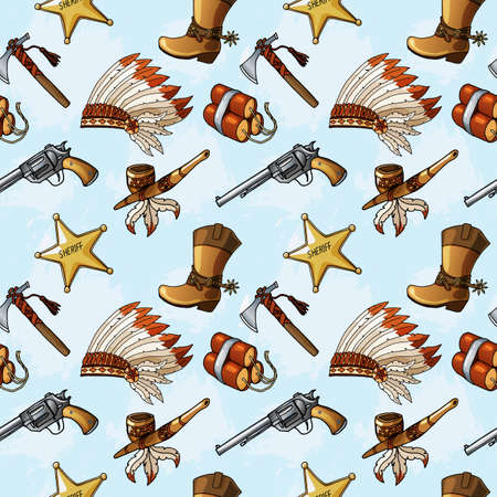 Seamless pattern with hand drawn colored Wild West elements.の写真素材