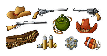 Colored vector stickers illustrations of wild west weapons, guns, ammunition and items. Realistic colored with shadows western vintage pictures isolated on white background.のイラスト素材
