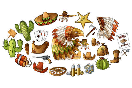 Vector hand drawn wild west indians elements stickers set illustration isolated on white. Weapons, items and nature collection with american eagle cartoon character. Kids stickers set.のイラスト素材
