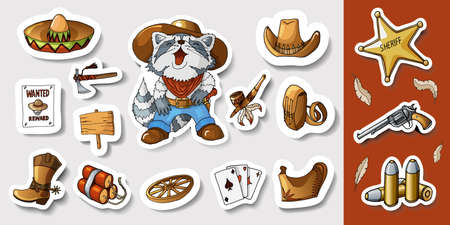 Western wild west art stickers icons set. Funny cartoon raccoon character, gun, bullets, sheriff star, cactuses, tomahawk, warbonnet and many other items. Isolated and ready to print illustration.のイラスト素材