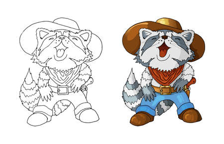 Single cartoon character american cowboy laughing raccoon isolated coloringのイラスト素材