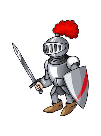 Cartoon medieval knight with shield and sword, isolated on white backgroundのイラスト素材