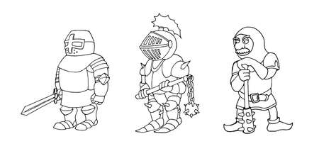 Coloring page of cartoon three medieval knights prepering for Knight Tournamentのイラスト素材