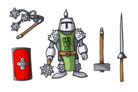 Hand drawn sticker knights colored doodle weapons set isolated on whiteのイラスト素材
