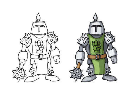 Cartoon medieval confident knight with mace, isolated on white backgroundのイラスト素材