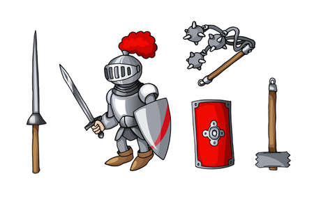 Hand drawn sticker knights colored doodle weapons set isolated on whiteのイラスト素材