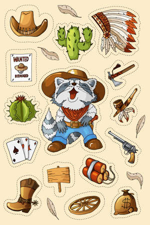 Western wild west art stickers set. Gun, bullets, cactuses and many other itemsの写真素材