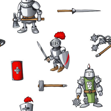Medieval hand drawn seamless pattern armored knights warrior weapons backgroundのイラスト素材