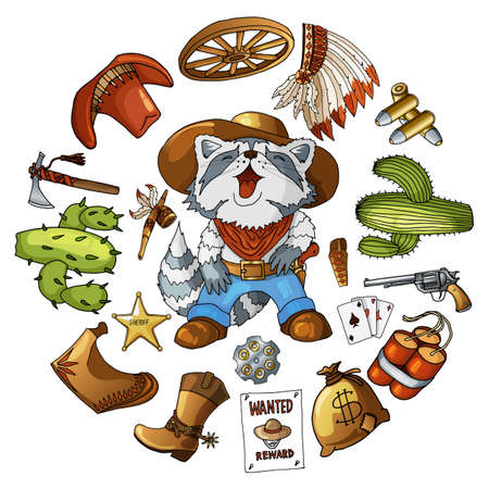 Cartoon character american cowboy laughing raccoon with set of classic western items. Vector isolated on white t-shirt print design on round formのイラスト素材