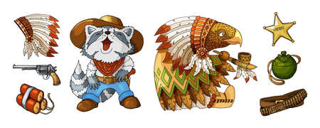 Cartoon colored items characters cowboy and indian in national costumeのイラスト素材