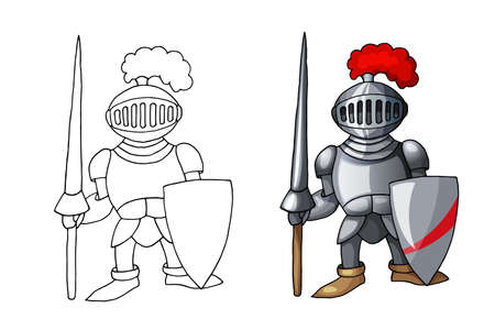 Cartoon medieval knight with shield and spear, isolated on white backgroundのイラスト素材