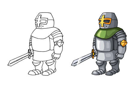 Cartoon medieval confident knight with sword, isolated on white backgroundのイラスト素材