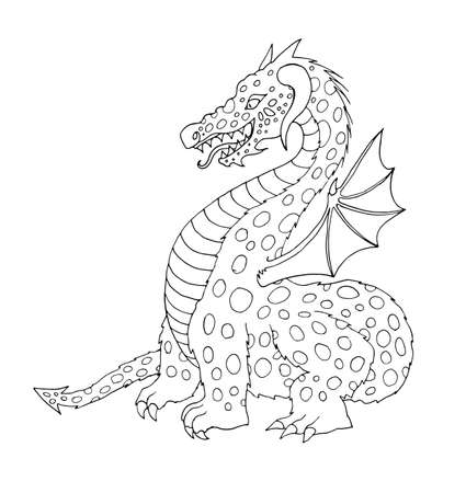 Vector flat cartoon funny dragon with horns and wings sticking out tongue. Isolated illustration on a white background. Fairy mysterious cute creature character for coloring book designのイラスト素材
