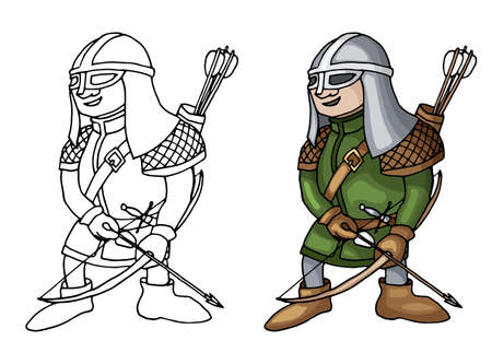 Cartoon medieval archer with bow and arrows, isolated on white backgroundのイラスト素材