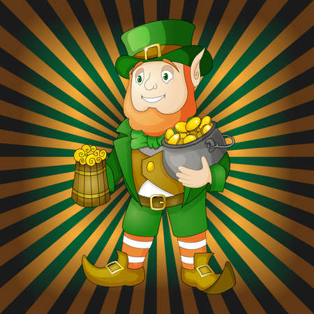 Leprechaun with beer and pot of gold symbol of luck. Illustration for saint Patricks day. Lepricon vector illustration on glittering green and orange backgroundのイラスト素材