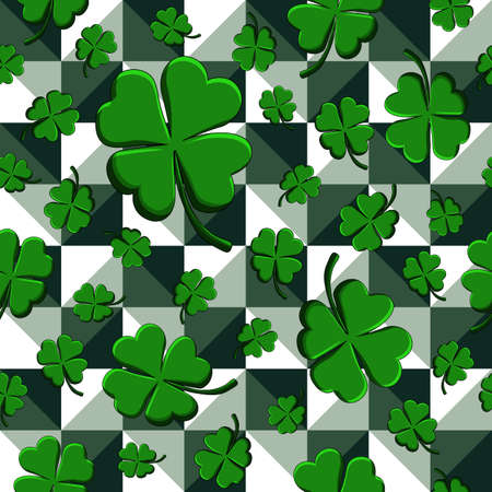 St Patricks Day Green Clovers seamless pattern on geometric background. Vector illustration for lucky spring design with shamrock. Ireland symbol pattern. Irish decorative wallpaper or web site designのイラスト素材