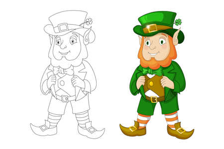 Cartoon Leprechaun in green frock coat and top hat with four-leaf clover. Saint Patricks Day card. Traditional Irish holiday character. Coloring book vector illustration lsolated on white backgroundのイラスト素材
