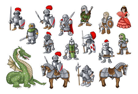 Vector set with hand drawn colored doodles on the theme of kingdom knights, princess and dragons isolated on white color. Vector set of fairy tale elements for use in design postcards or coloring bookのイラスト素材