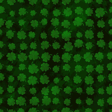 St Patricks Day Clover seamless pattern. Vector illustration for lucky spring design with shamrock. Green clover on grunge dark background. Ireland symbol pattern. Irish decor for web site.のイラスト素材