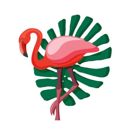 Exotic flat summer print with flamingo and tropical leaves. Isolated vector illustration on white background. Retro color styleのイラスト素材