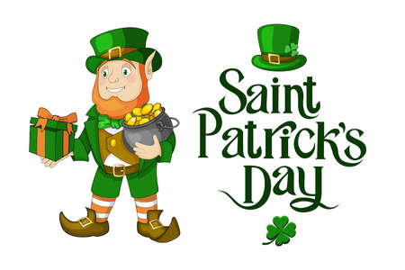 Happy St. Patricks Day celebration banner or poster elements illustration of leprechaun and lettering isolated on white background.のイラスト素材