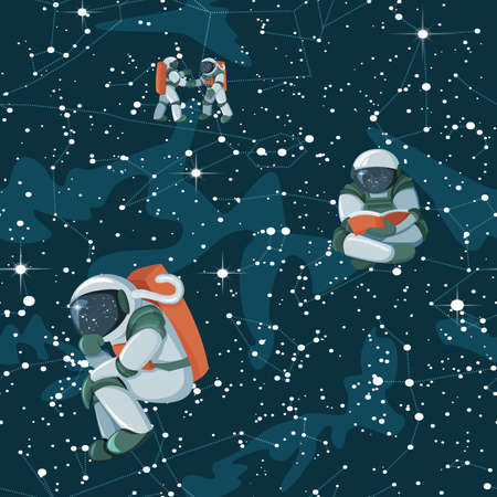 Cute funny cosmonaut astronaut spaceman characters exploring outer space on Astronnomic Art Space night sky background. Seamless cartoon pattern for wallpaper, textile, prints. Flat line design.のイラスト素材