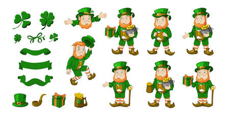 Saint Patricks Day designer cartoon elements set. Leprechaun different poses collection and traditional elements hat, smoke pipe, clover, beer and gift. Vector illustrationのイラスト素材