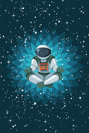 Astronaut sitting in lotus position, meditating, relaxing floating in colored space background. Useful for website promotion poster and mobile game development advertiseのイラスト素材