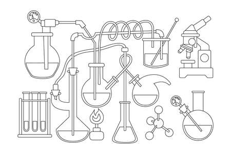 Science and chemistry doodle background. Health care medicine laboratory design. Black and white coloring book page isolatedのイラスト素材