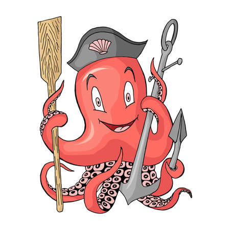 Anchor with octopus cartoon outline colored character vector isolated on whiteのイラスト素材