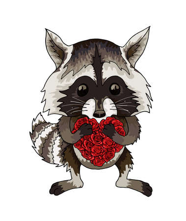 Raccoon funny animal with red roses heart cartoon colored character isolatedのイラスト素材