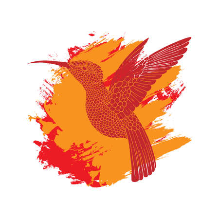 Background with flying colibri bird silhouette on flame brush spots.Template for cards, banners or t-shits prints with brush styled backdrop. Vector illustration.のイラスト素材
