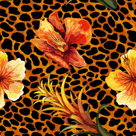 Beautiful blooming flower on animal skin. Leopard seamless pattern vector print, design for fashion, fabric, wallpaper and all prints on contrast color backgroundのイラスト素材