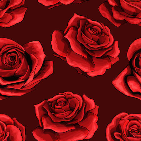Red rose flower bouquets contour elements vector seamless pattern on maroon background. Happy mother day, womens day, girls birthday, Valentines day. Gift box paper, textile, linen, dress print designのイラスト素材