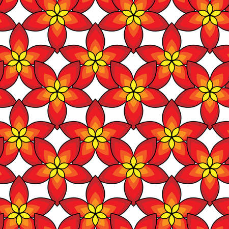Vector illustration of simply red flowers pattern. Red and yellow flowers tiled background. Flame lily flower clipart style. Seamless ornate backdrop.のイラスト素材