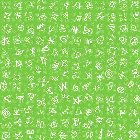Hand drawn vector seamless pattern with red glyphs smystic symbols. Good for cards, wallpaper, posters, wrapping paper, invitations. Trendy graphic design. Fashionable textile printのイラスト素材